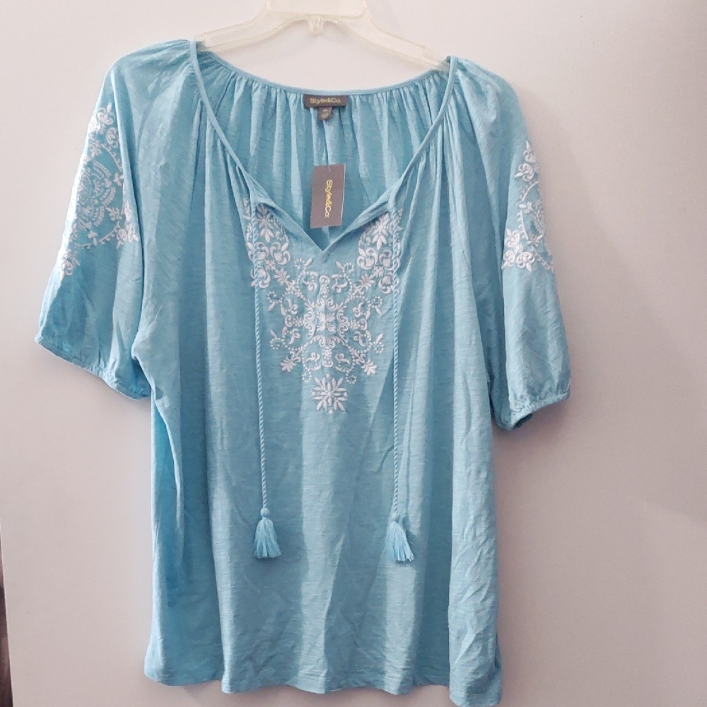 Style & Co Blue Short Sleeve Embellished Tunic